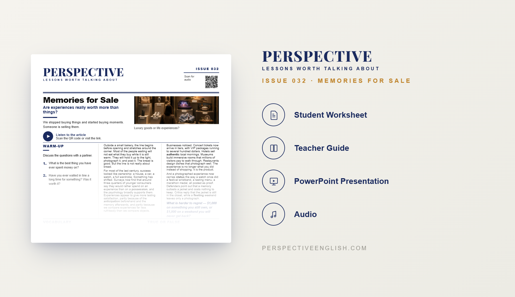Experiences vs Possessions ESL worksheet preview for B1–B2 English learners