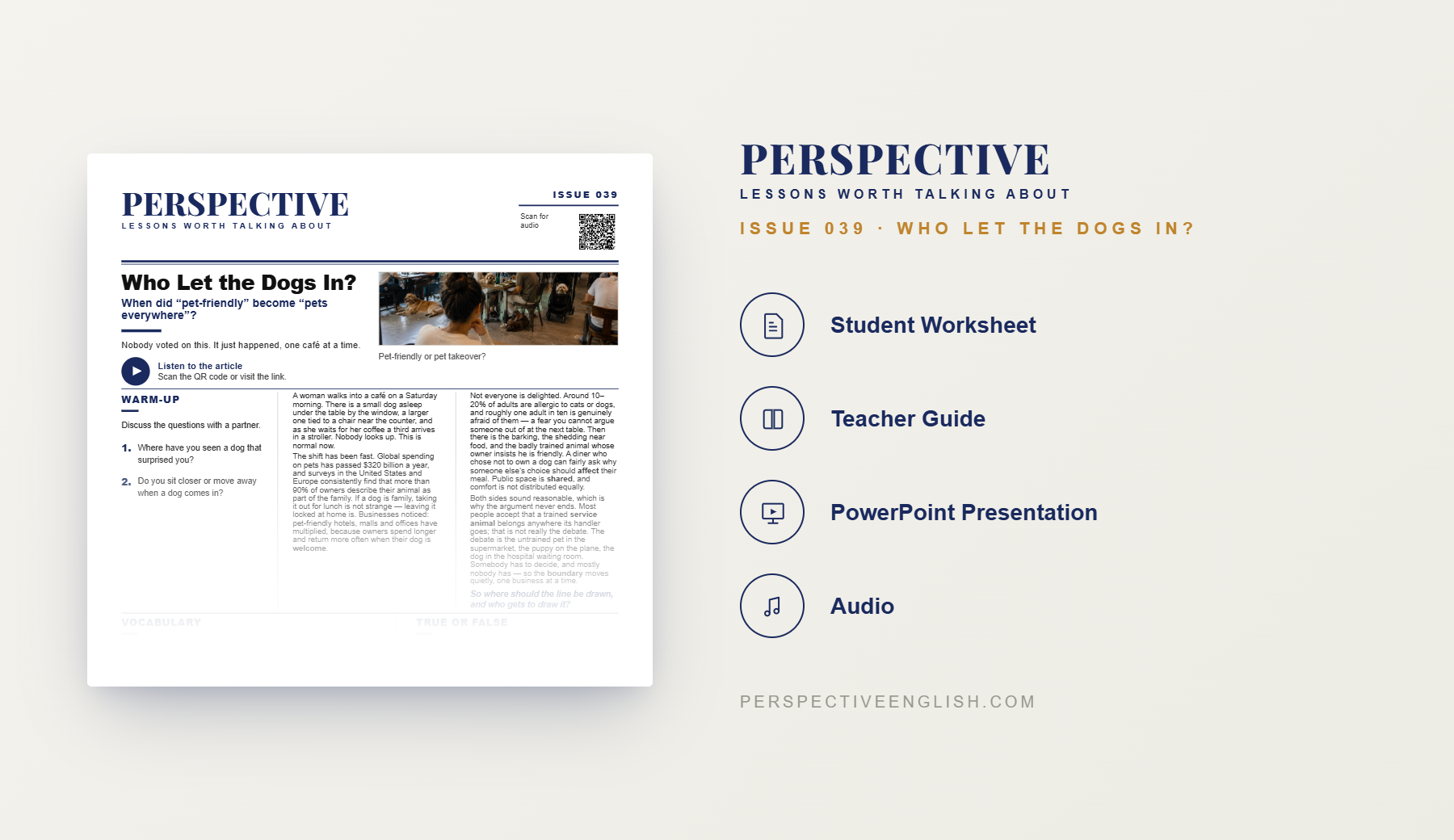 Pets ESL worksheet preview about dogs in public places and pet-friendly businesses for B1–B2 English learners