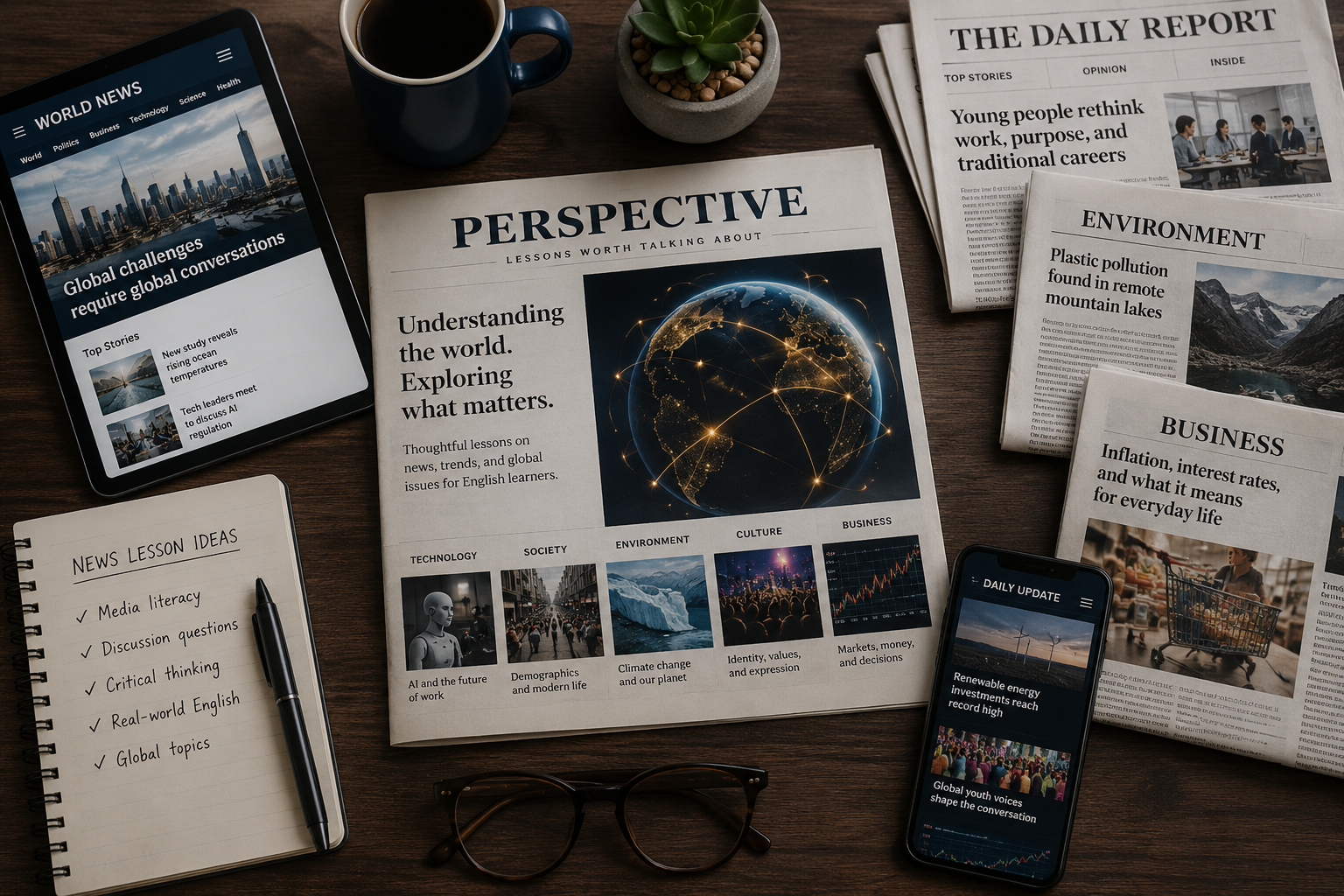 ESL news lessons and current events resources featuring global news, technology, society, environment, and culture