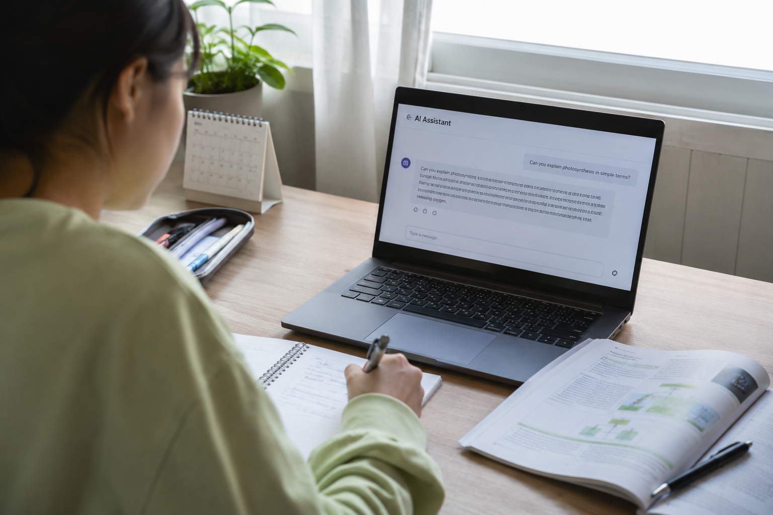 Student learning with an artificial intelligence assistant in a modern classroom
