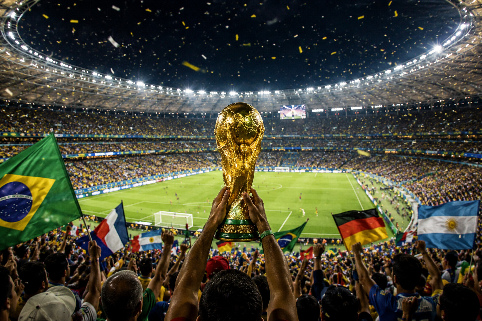Football stadium filled with fans during a major international World Cup match