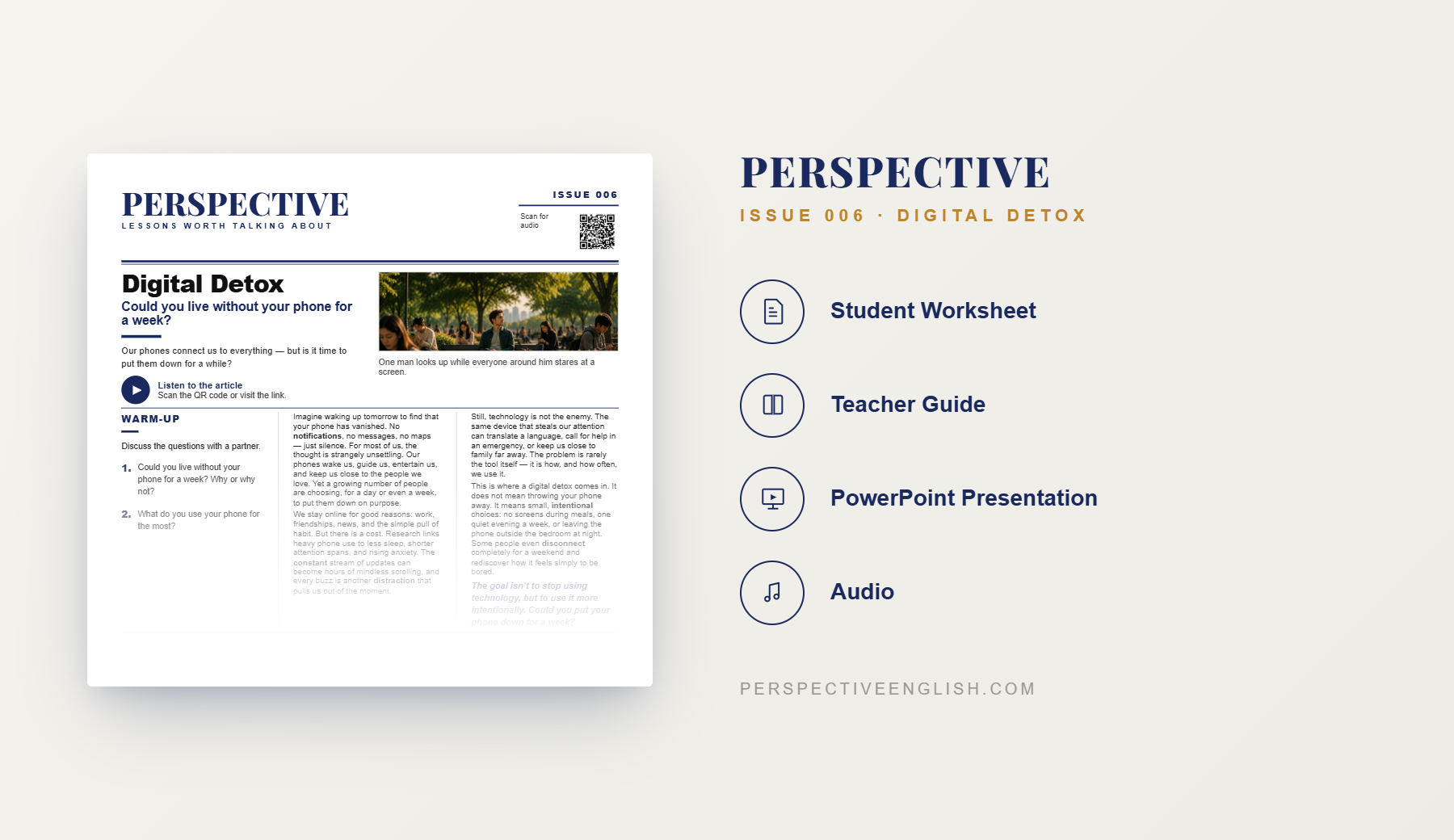 Preview pages from the Issue 006 Digital Detox ESL lesson pack