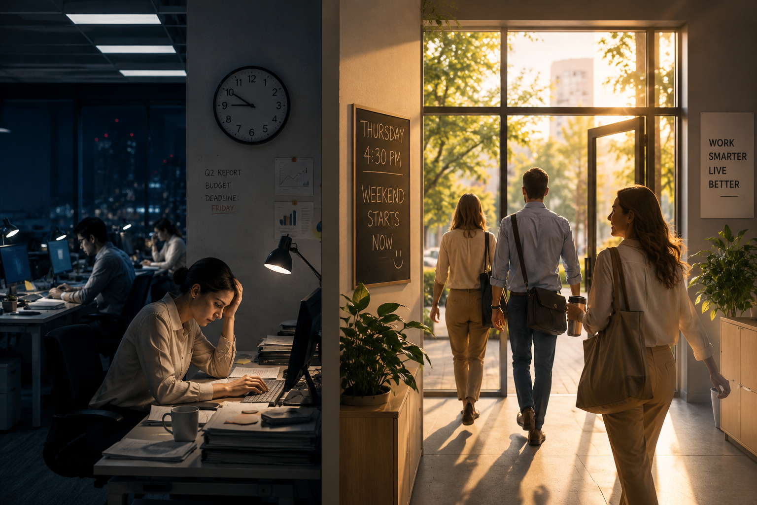 Office workers leaving early while one employee stays behind, representing the four-day work week debate