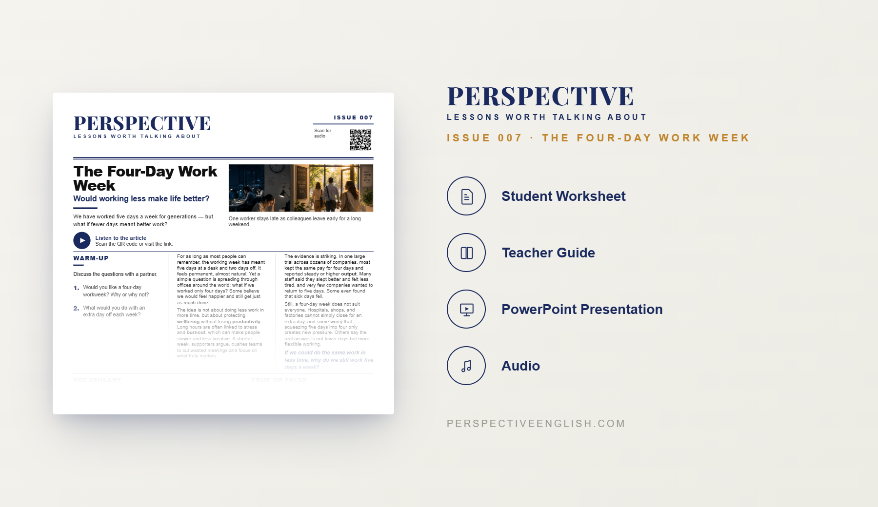 Preview pages from the Issue 007 Four-Day Work Week ESL lesson pack