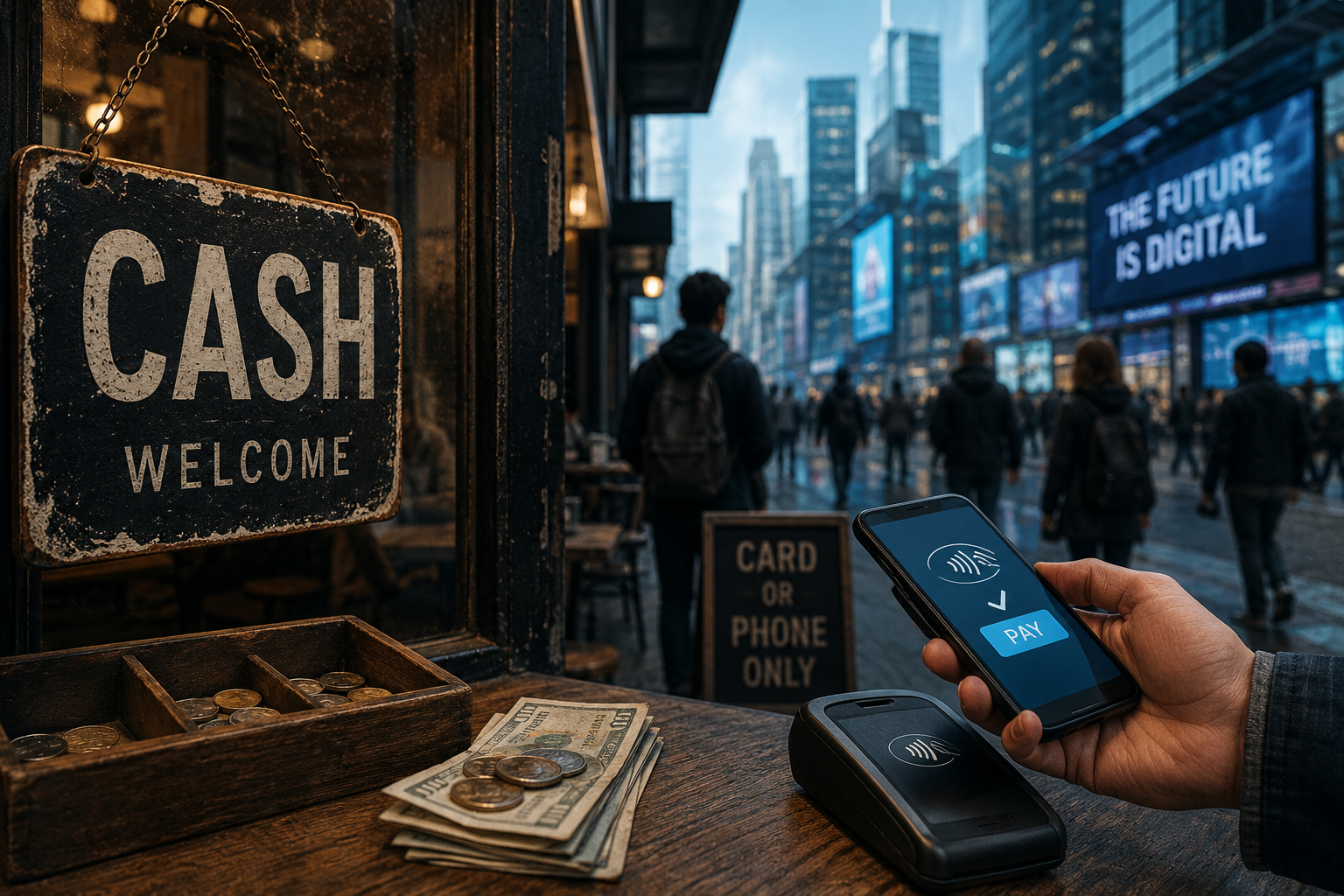 Shopper using a phone to pay beside a cash welcome sign, representing the move toward a cashless society