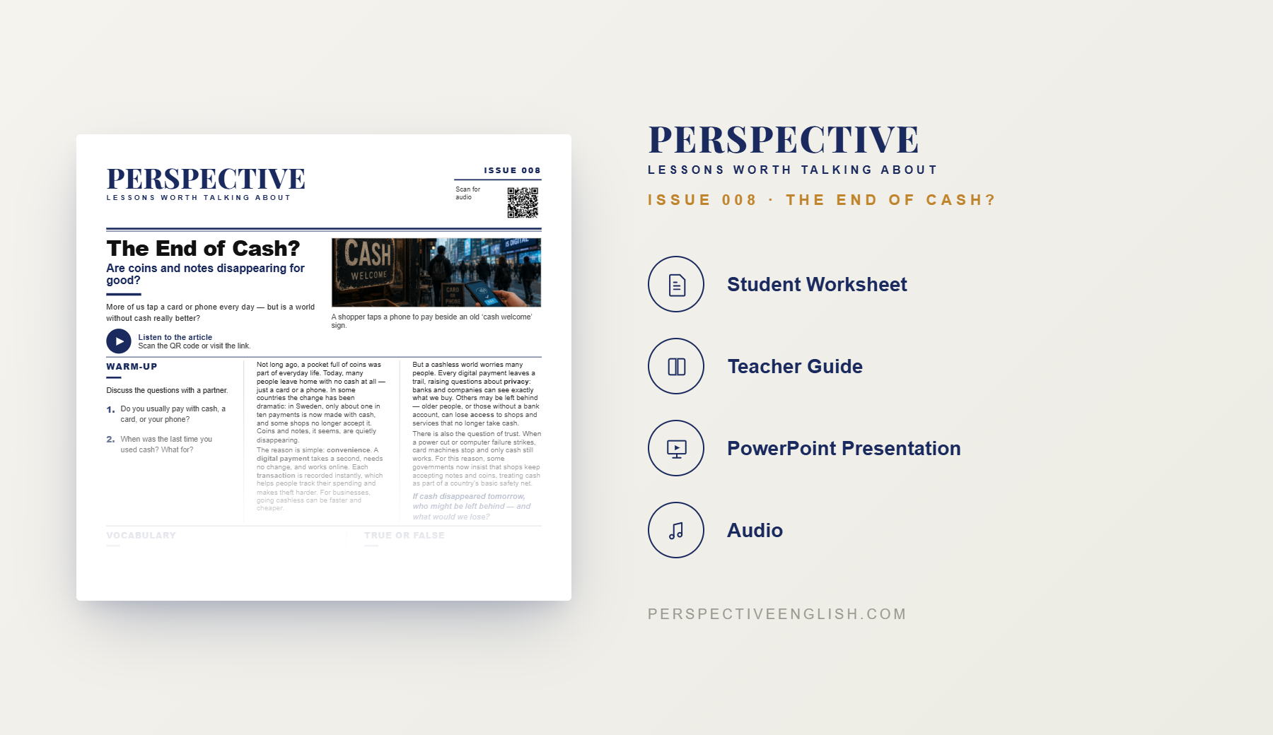 Preview pages from the Issue 008 End of Cash ESL lesson pack