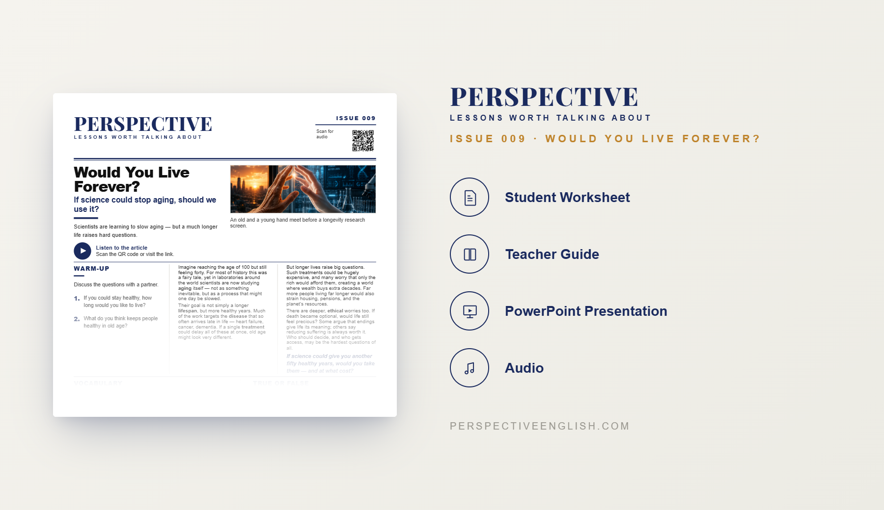 Preview pages from the Issue 009 Would You Live Forever ESL lesson pack