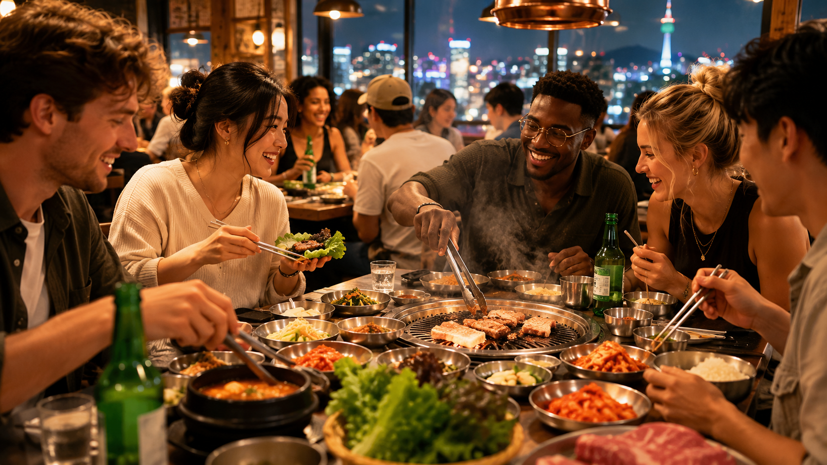 Friends from different countries sharing Korean barbecue in Seoul