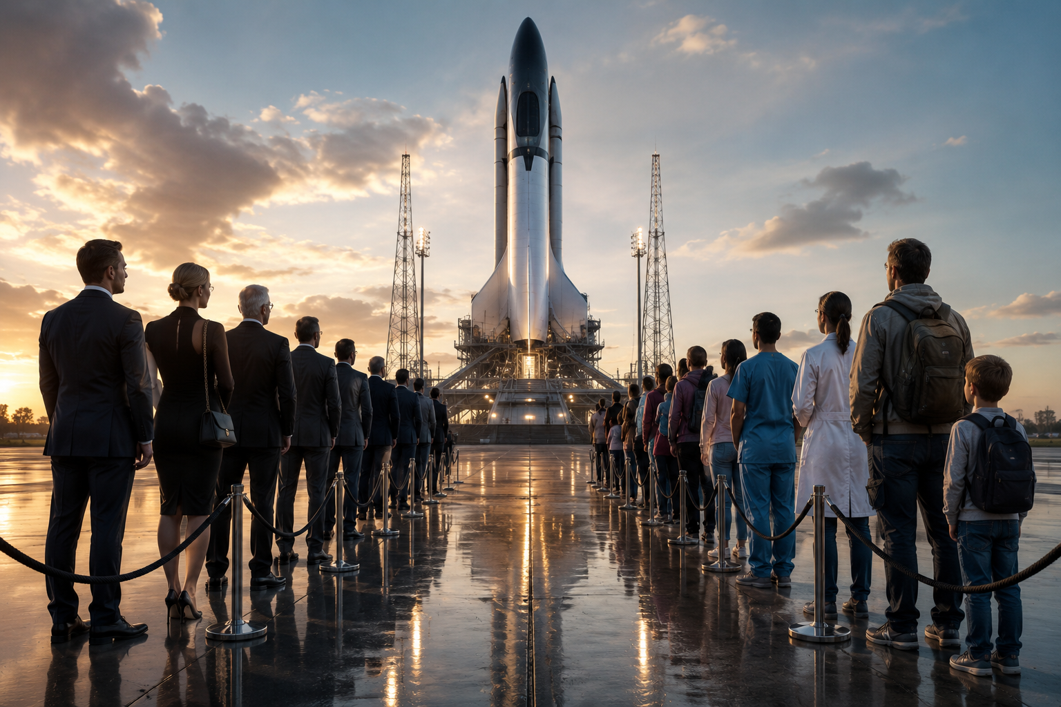 Two groups of people waiting beside one rocket, raising the question of who should get a ticket to space