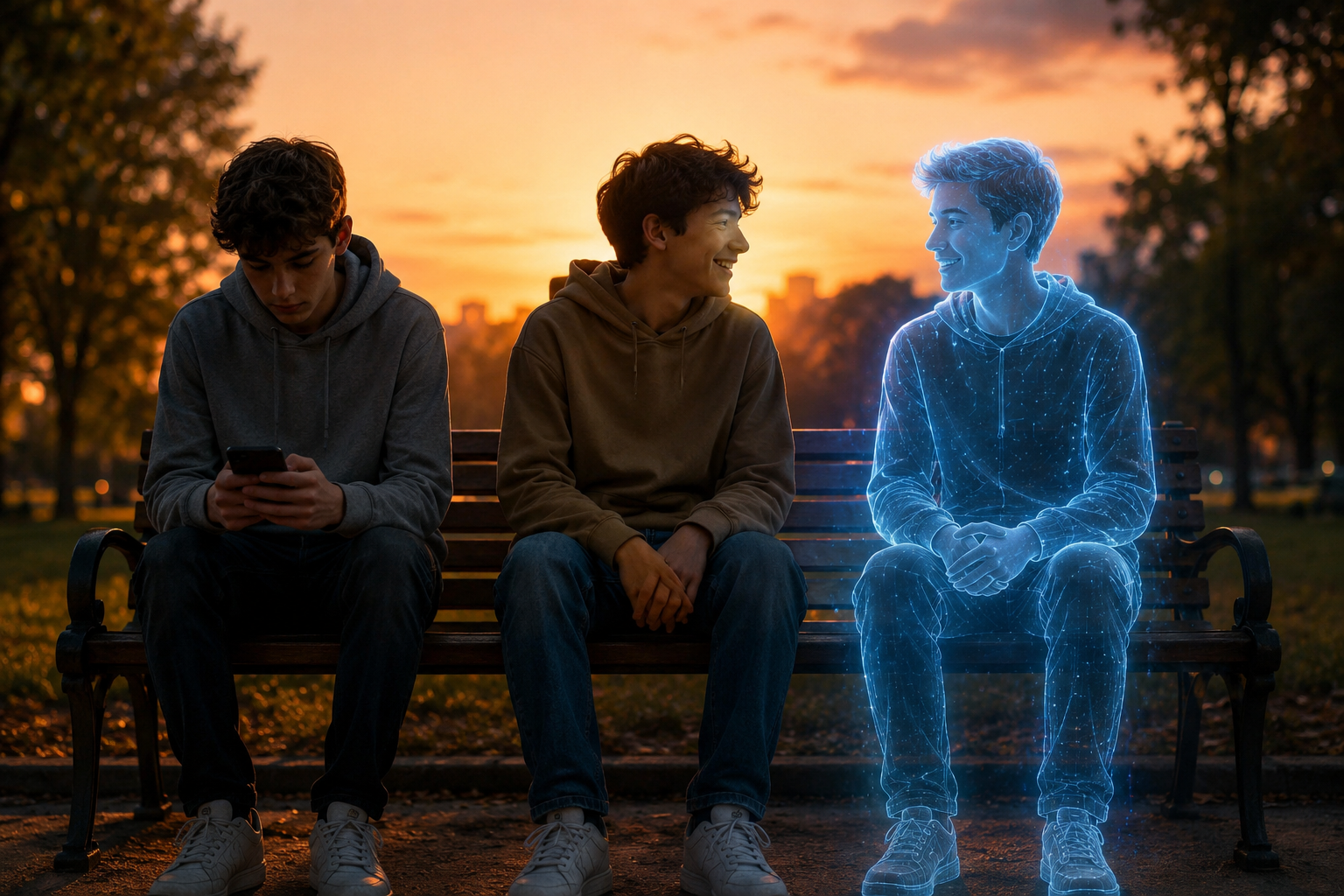A teenager smiling at an AI companion while another teenager sits nearby looking at a phone