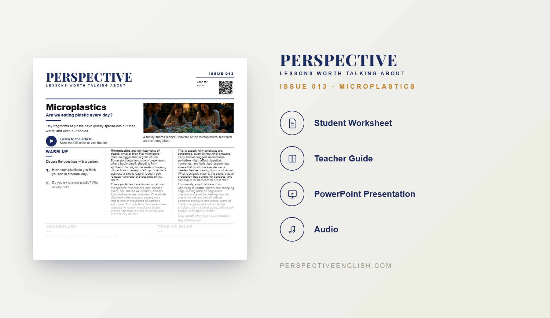 Preview pages from the Issue 013 Microplastics ESL lesson pack