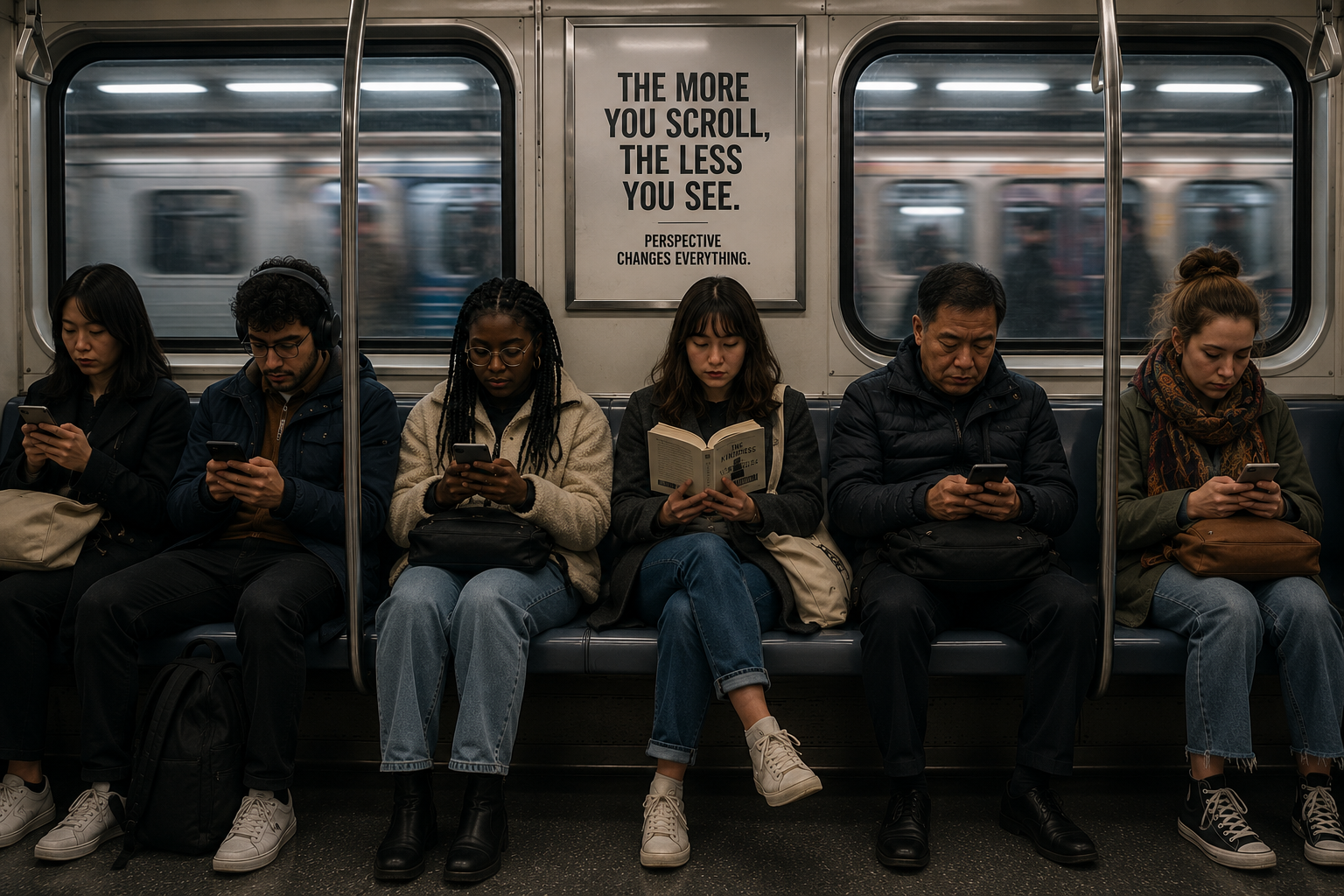 Passengers using smartphones on a subway while one person reads a book