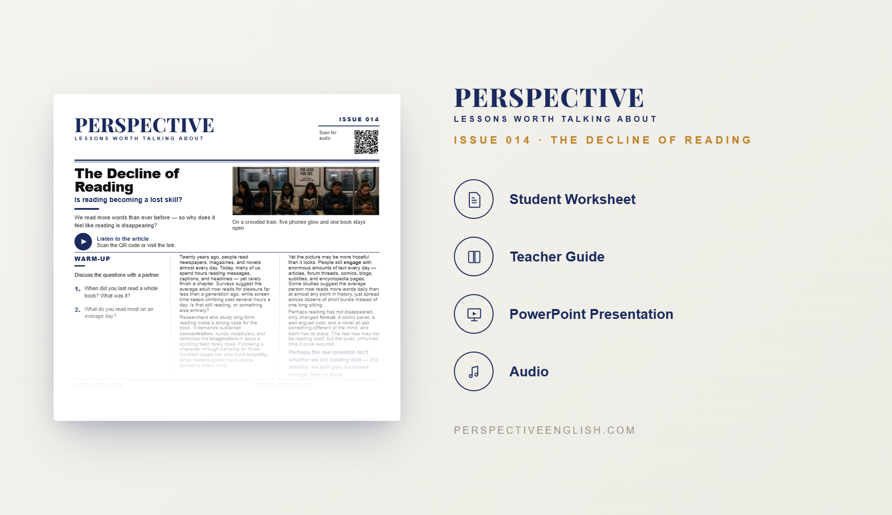 Preview pages from the Issue 014 The Decline of Reading ESL lesson pack