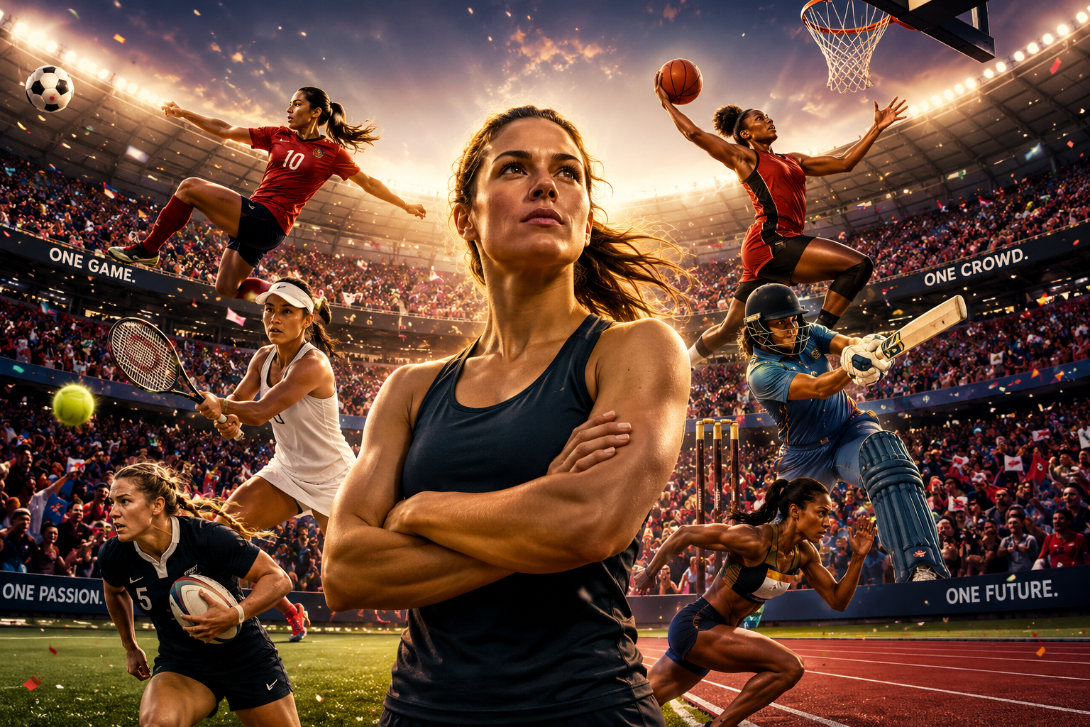 A female athlete standing in a packed stadium representing the rise of women’s sport