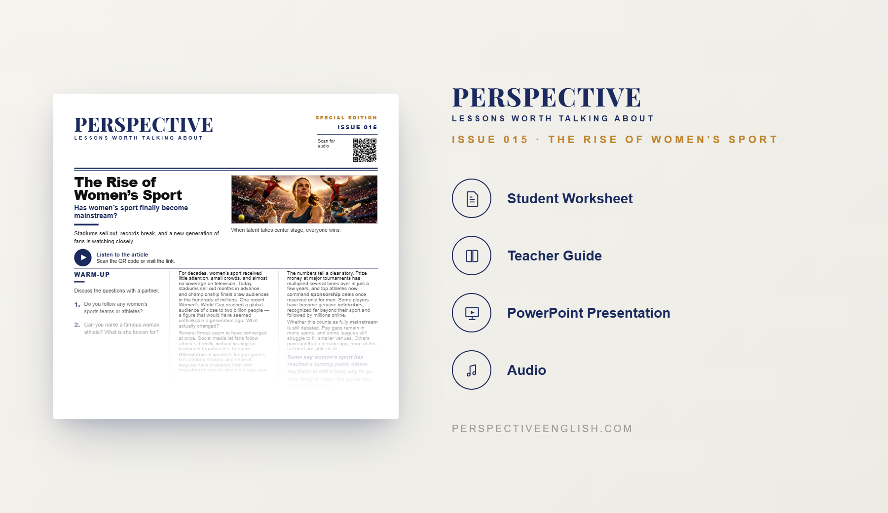 Preview pages from the Issue 015 The Rise of Women’s Sport ESL lesson pack