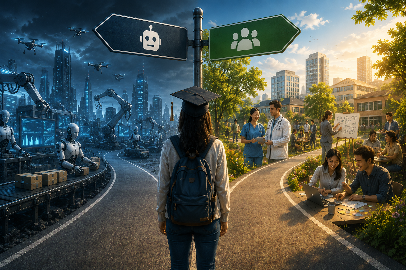 A graduate standing at a crossroads between artificial intelligence, automation, and careers based on human skills