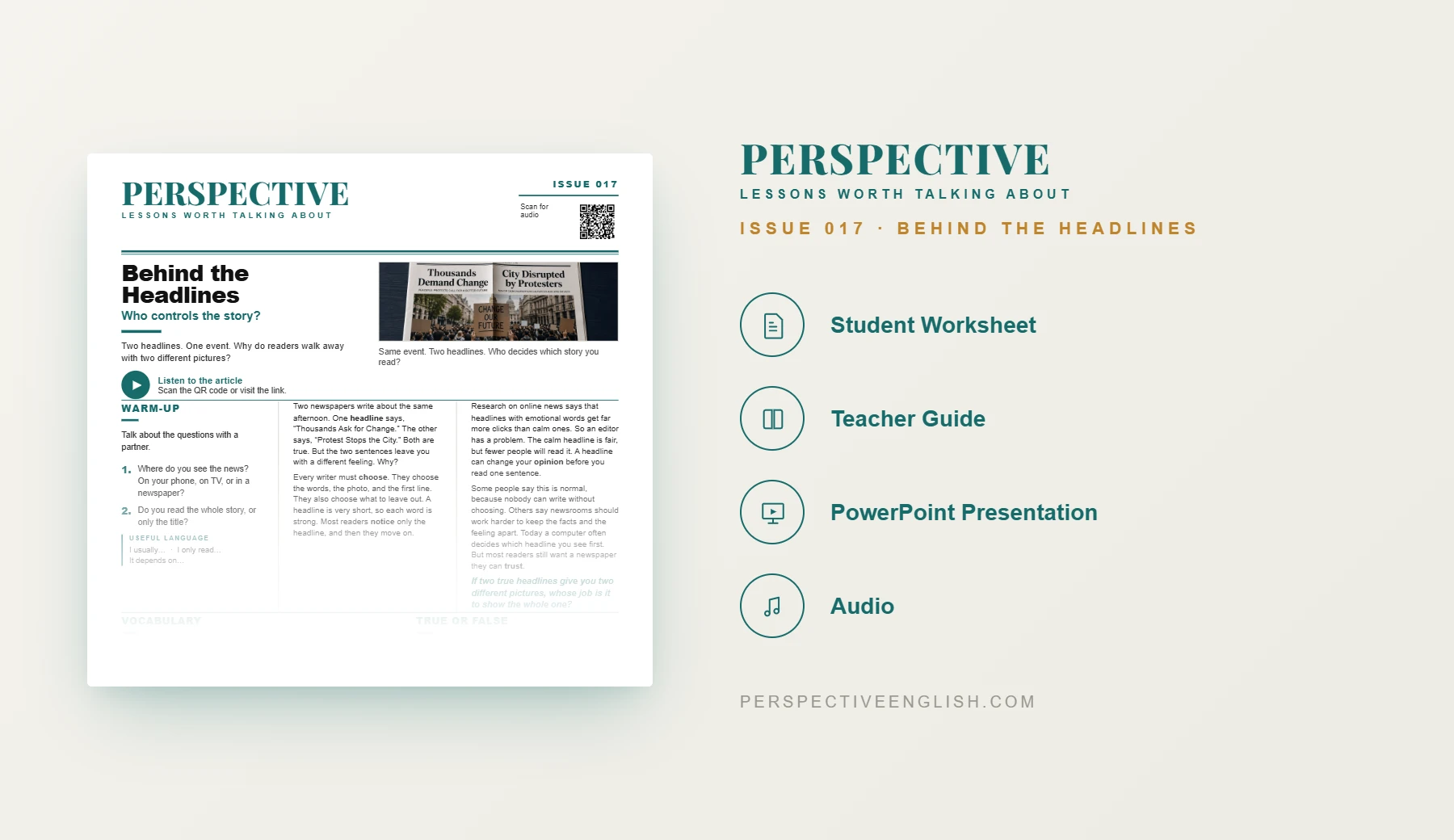 Behind the Headlines A1–A2 ESL worksheet preview