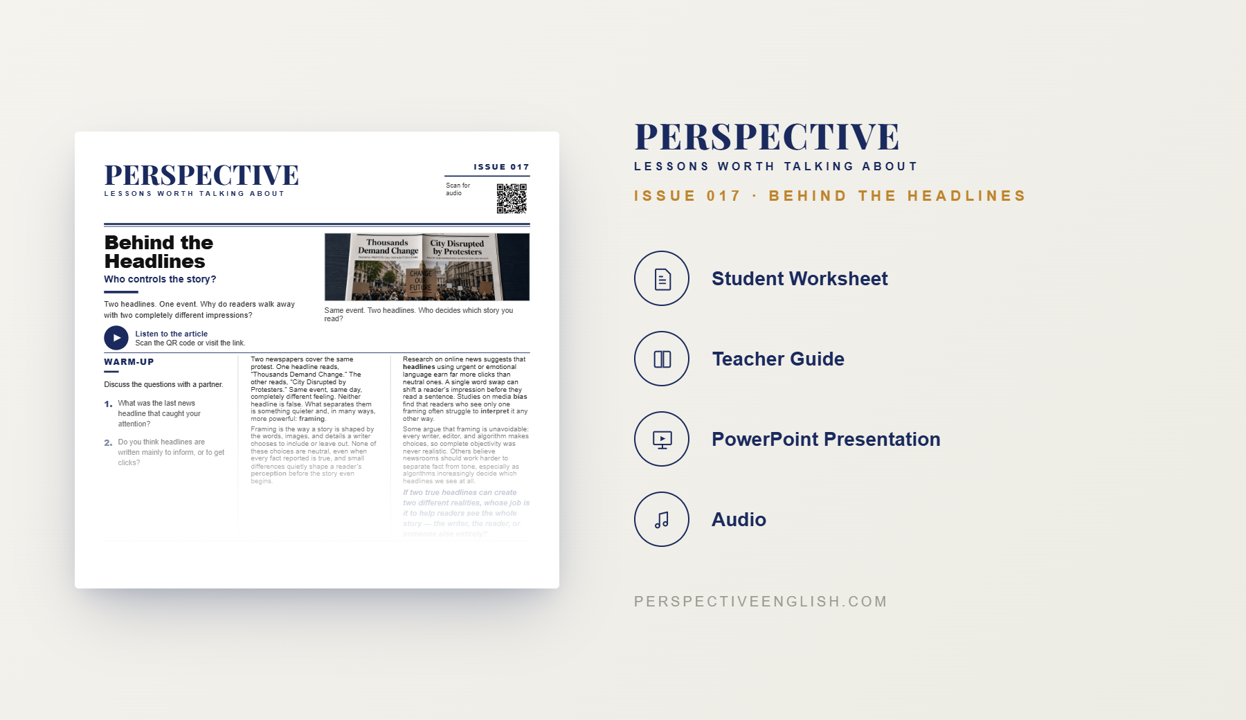 Preview pages from the Issue 017 Behind the Headlines media bias ESL lesson pack