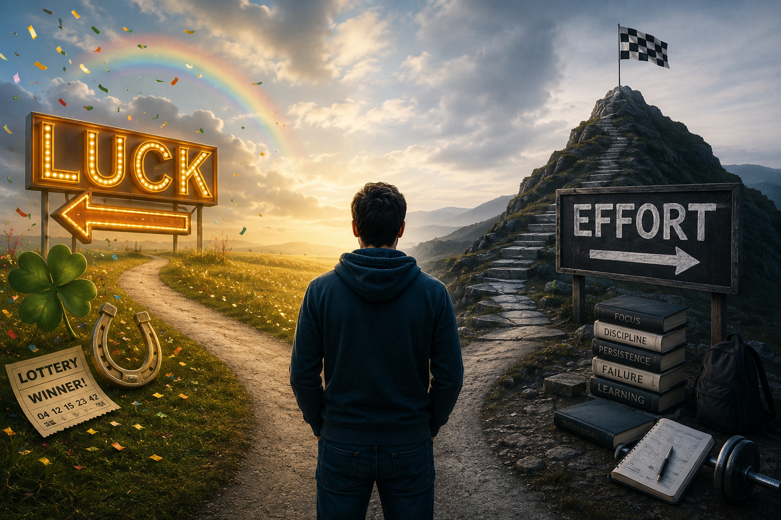People following different paths toward success, raising questions about luck, opportunity, and hard work