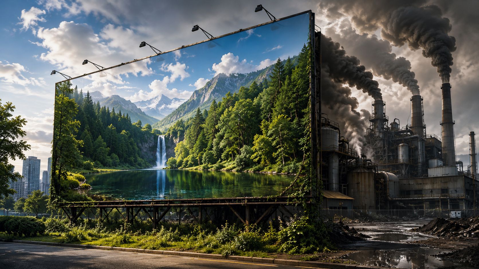 A beautiful nature billboard hiding a heavily polluting factory behind it