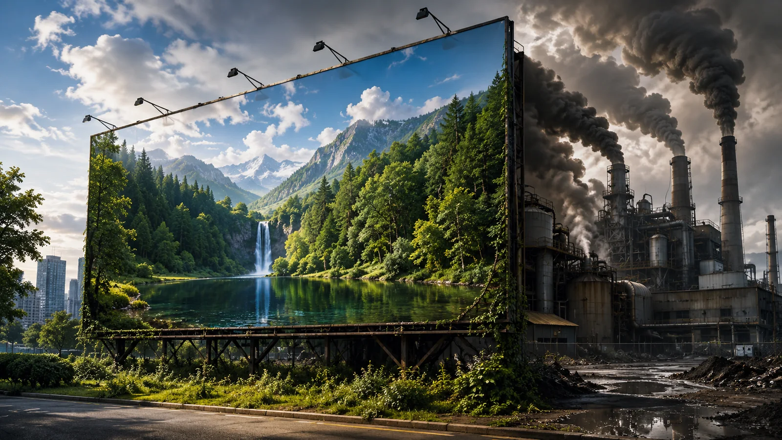 Greenwashing ESL lesson showing environmental advertising hiding a heavily polluting factory