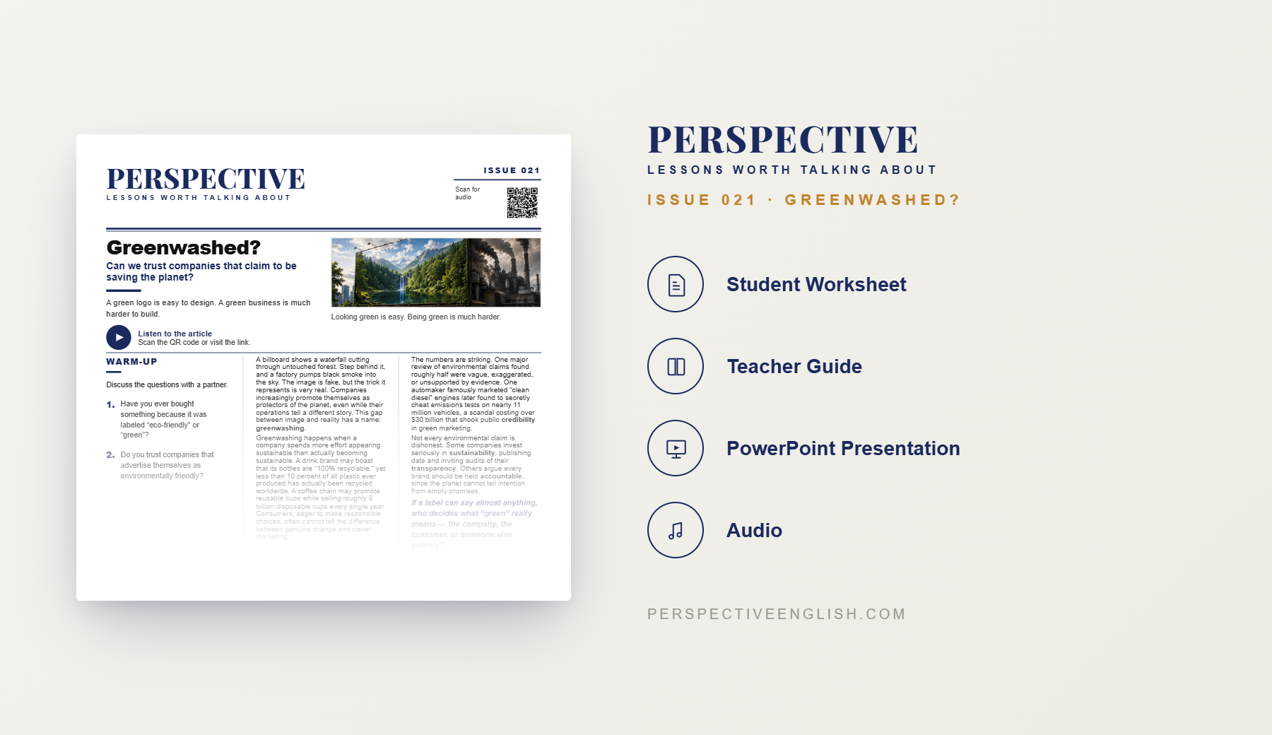 Preview pages from the Issue 021 Greenwashing ESL lesson pack