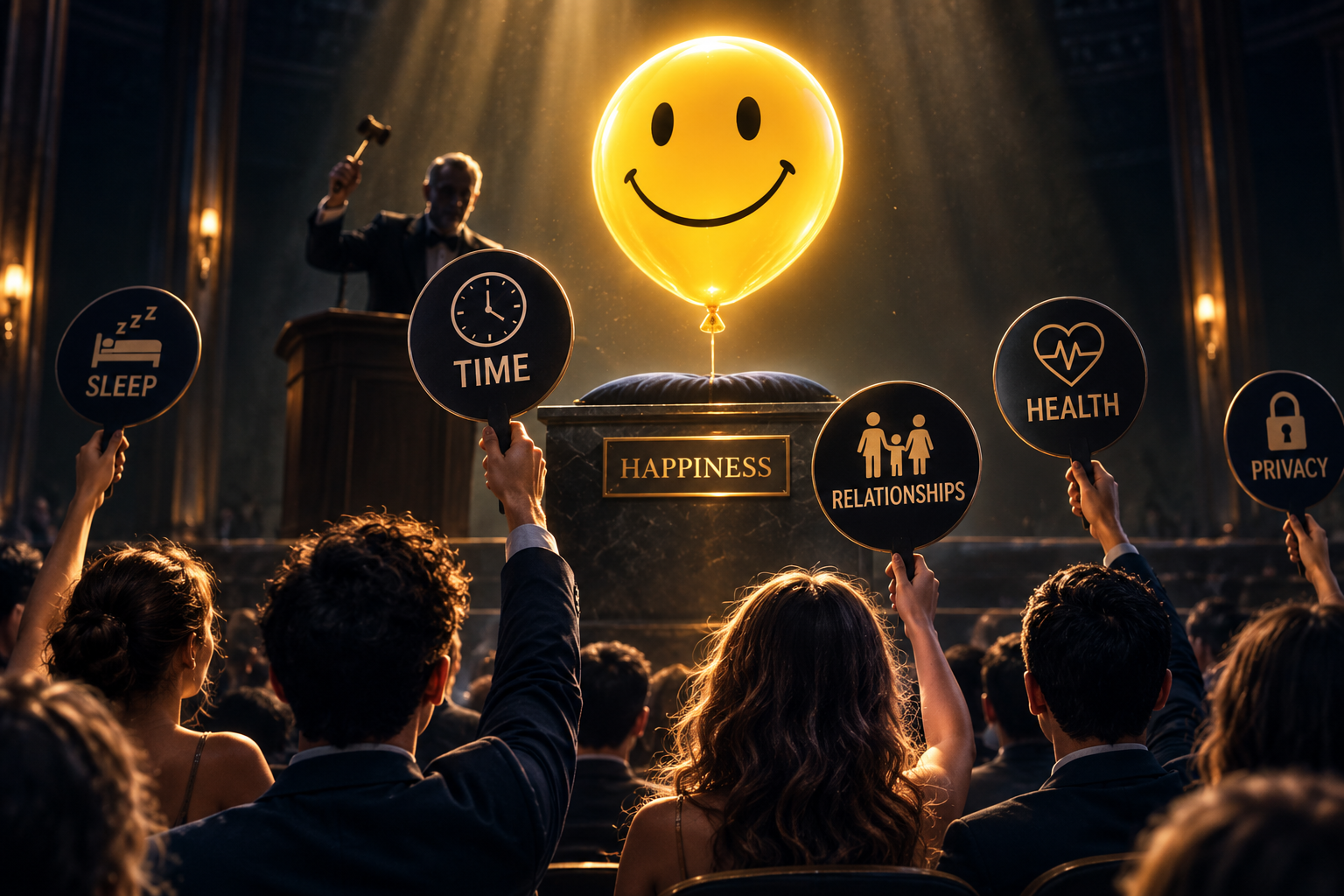 People bidding with time, health, sleep, relationships, privacy, and freedom at an auction for happiness
