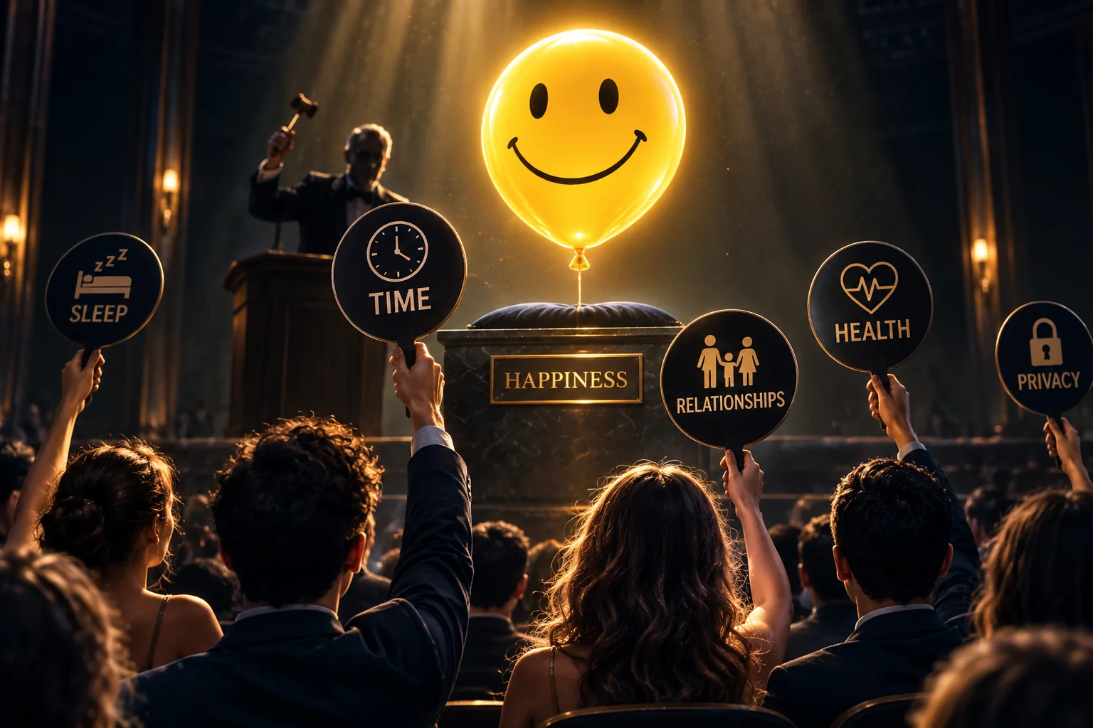 Happiness ESL lesson showing people trading time, health, sleep, relationships, privacy and freedom for happiness