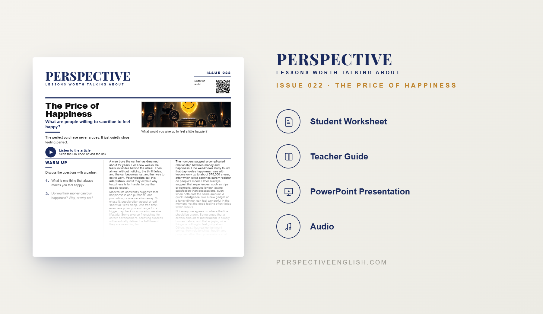 Preview pages from the Issue 022 The Price of Happiness ESL lesson pack