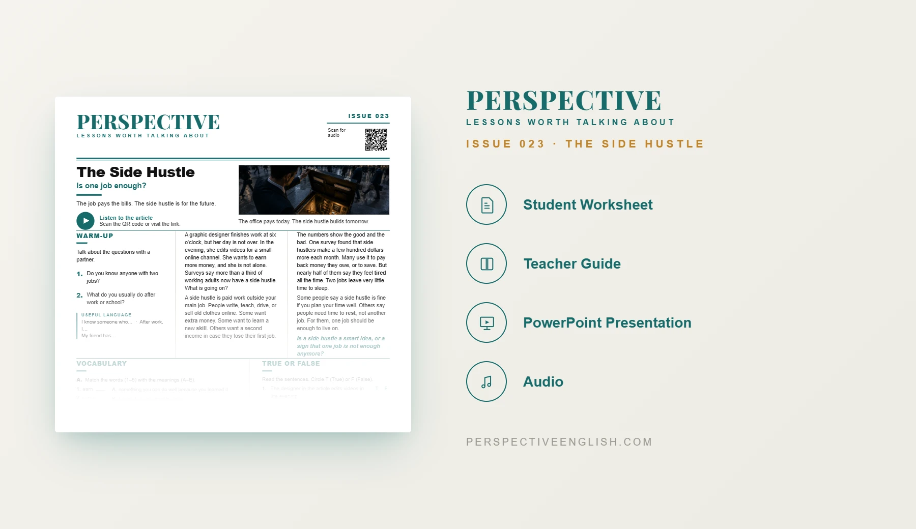 Side Hustle ESL worksheet preview for A1–A2 English learners