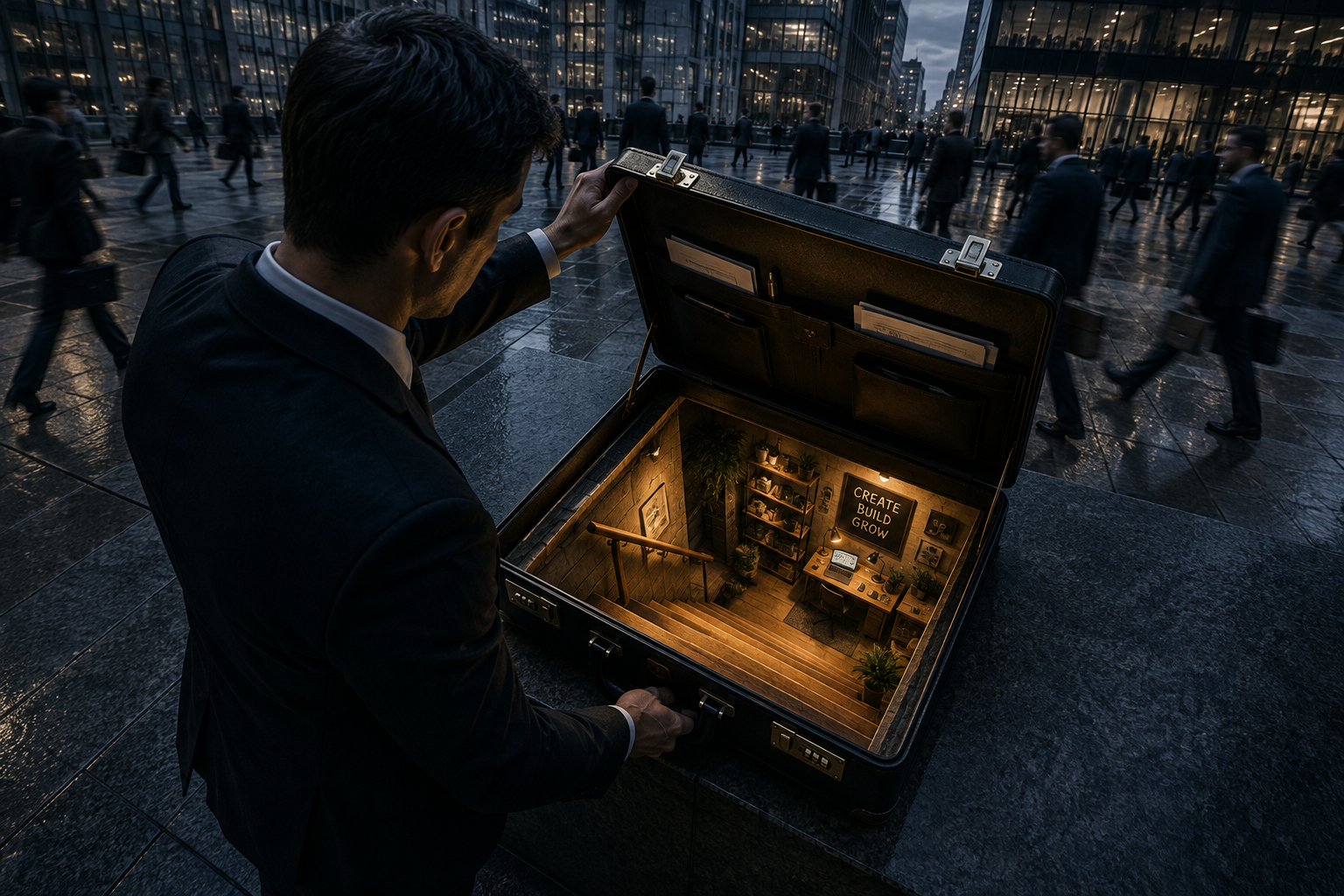 A professional opening a briefcase that contains a miniature second workplace