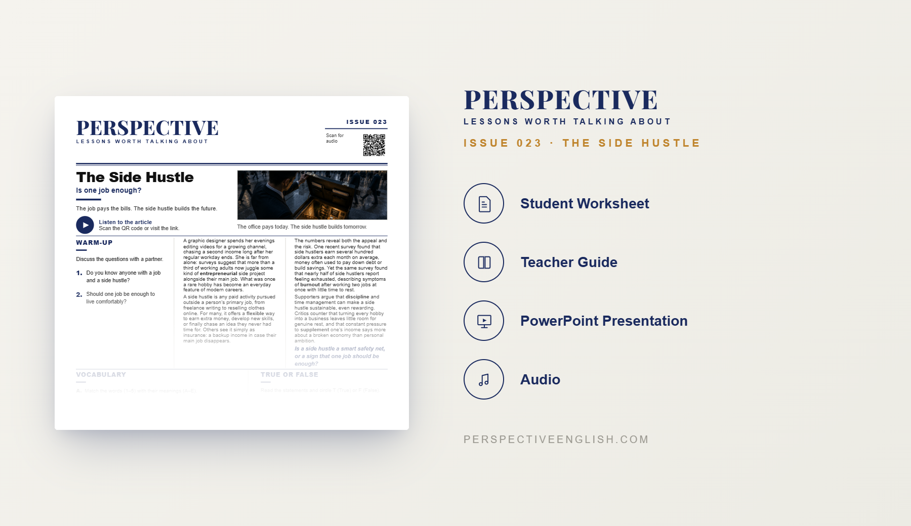 Preview pages from the Issue 023 The Side Hustle ESL lesson pack