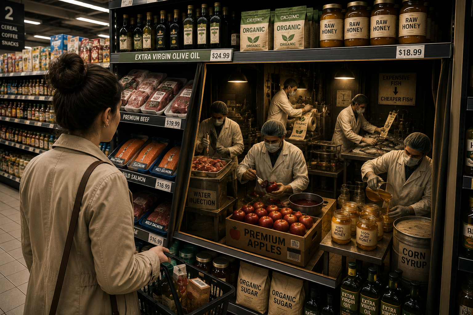 A supermarket shelf hiding a secret room where workers alter and relabel food products