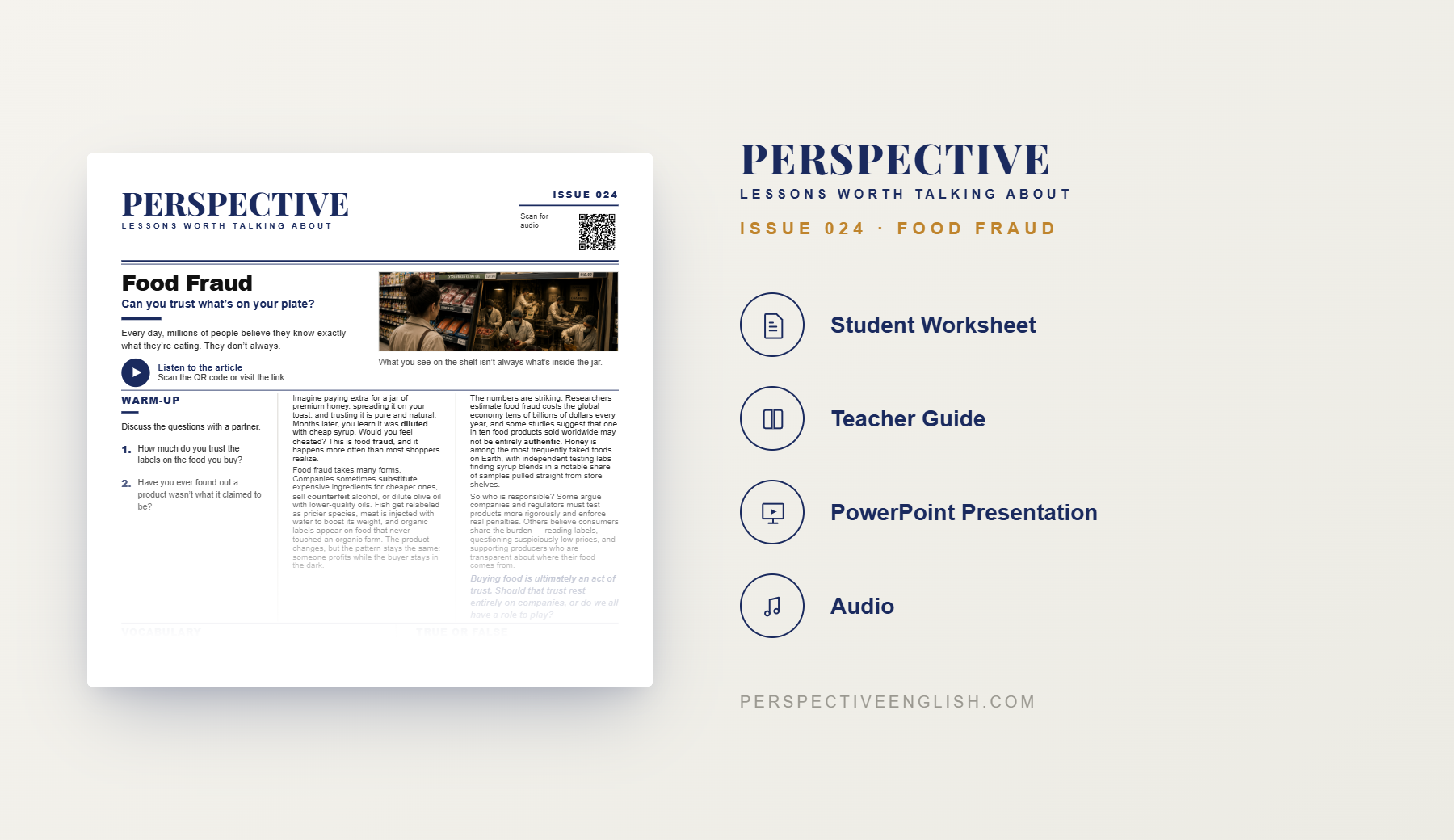 Preview pages from the Issue 024 Food Fraud ESL lesson pack