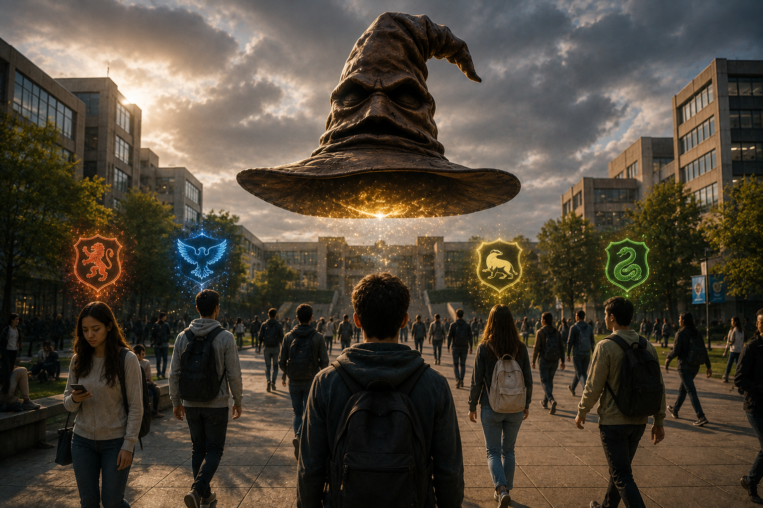 A giant Sorting Hat hovering above a modern university campus while magical house symbols appear above students