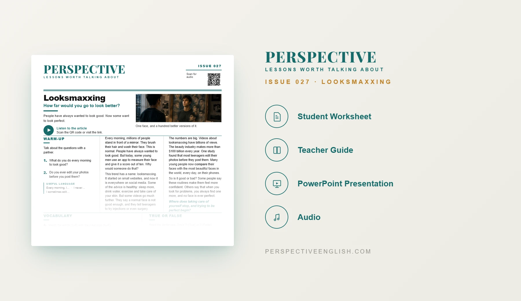 Looksmaxxing ESL worksheet preview for A1–A2 English learners