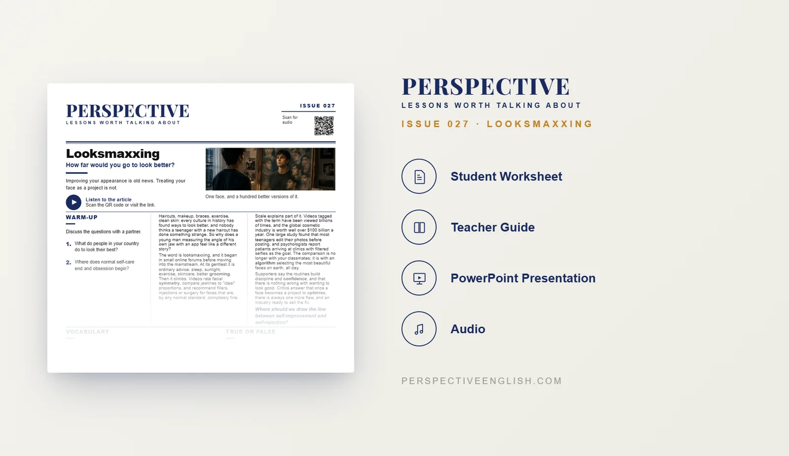 Looksmaxxing ESL worksheet preview for B1–B2 English learners