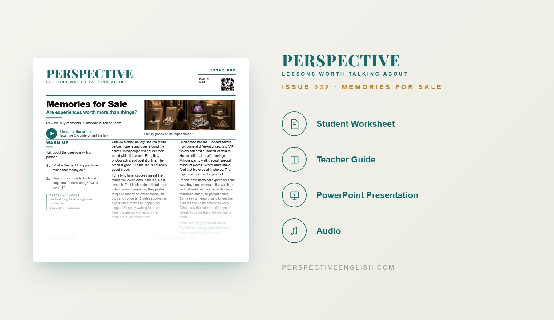 Experiences vs Possessions ESL worksheet preview for A1–A2 English learners