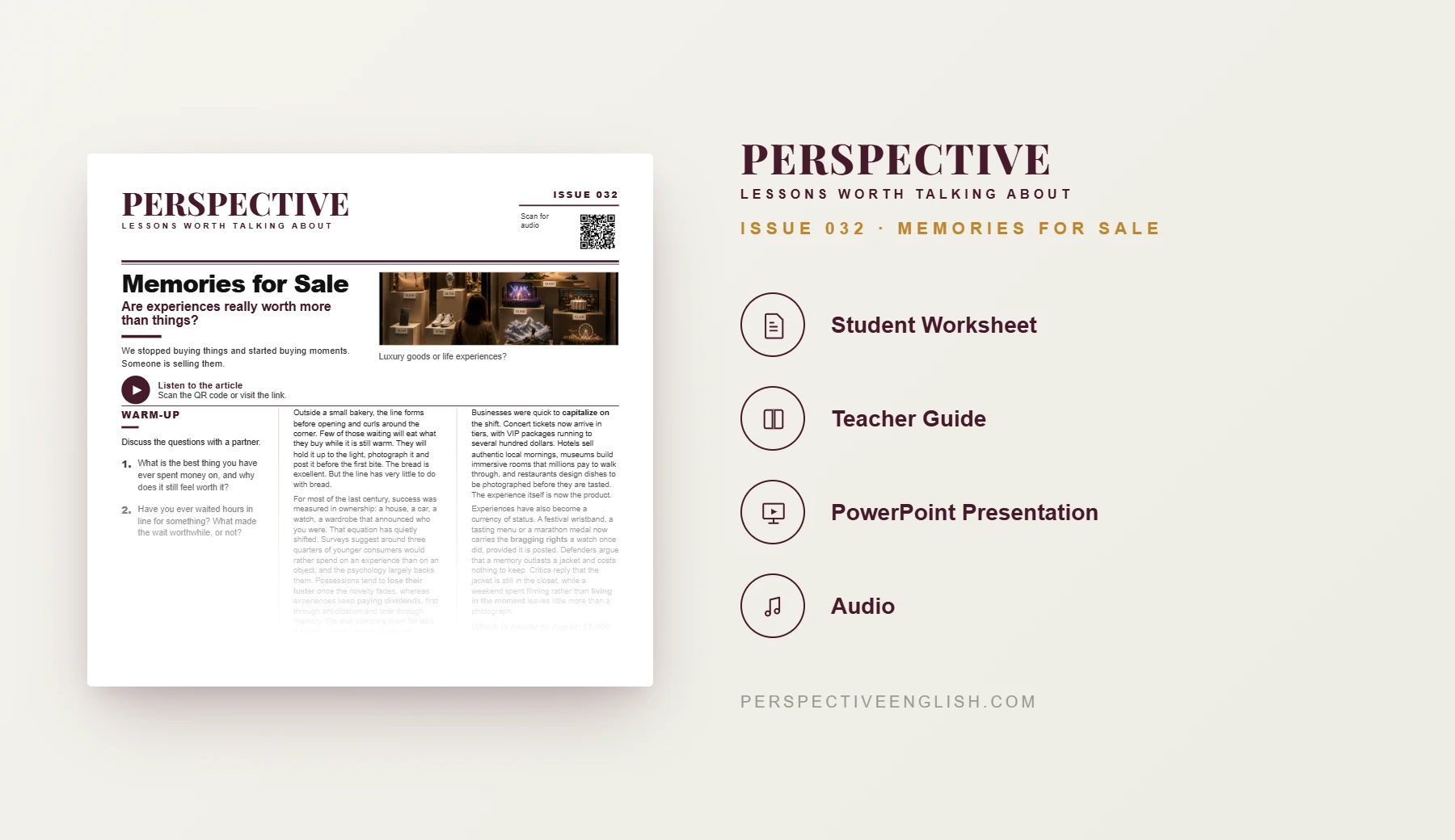 Experiences vs Possessions ESL worksheet preview for C1–C2 English learners