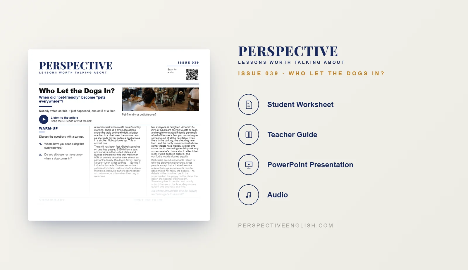 Pets ESL worksheet preview about dogs in public places and pet-friendly businesses for B1–B2 English learners