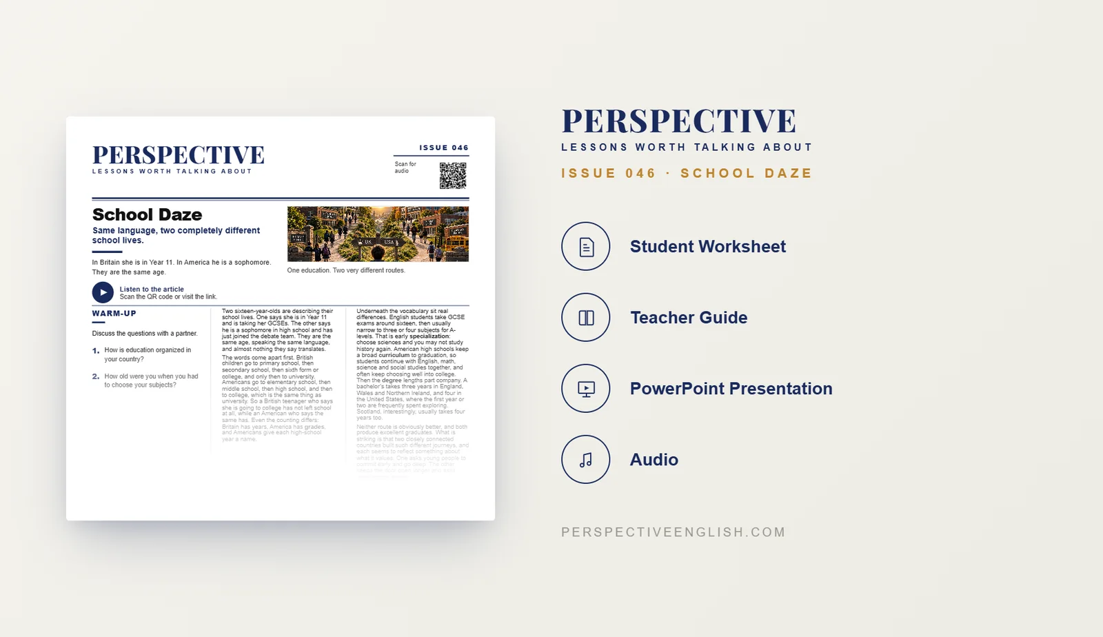School Daze ESL worksheet preview comparing British and American education systems for B1–B2 English learners