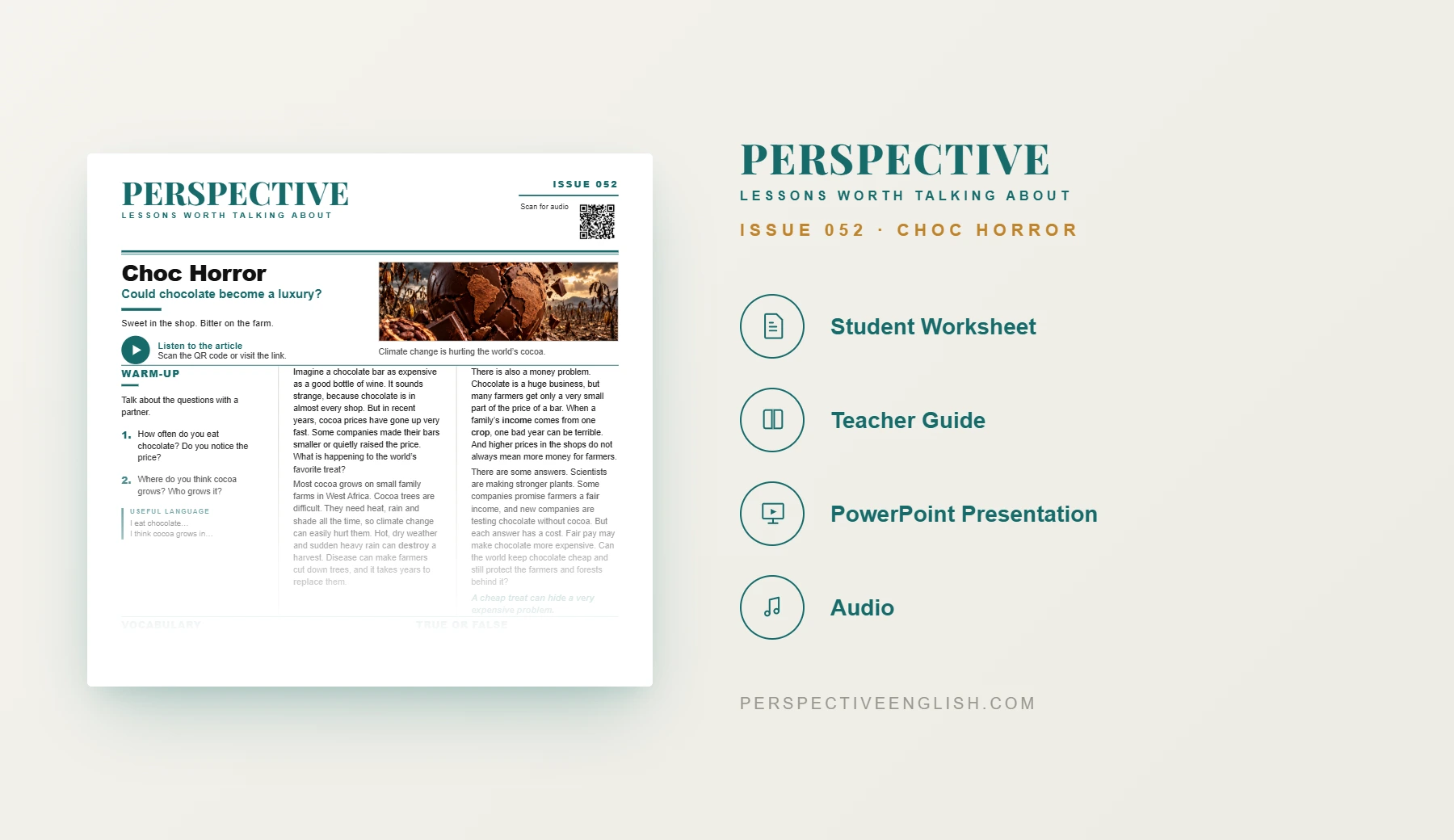 Choc Horror A1–A2 ESL student worksheet preview about chocolate prices and cocoa farmers