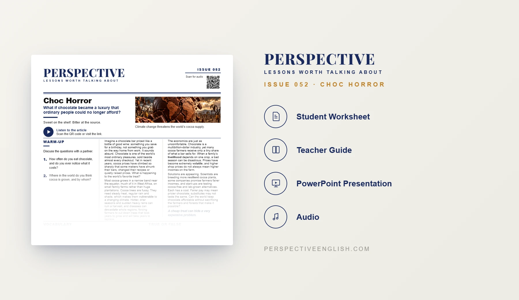Choc Horror B1–B2 ESL worksheet preview about cocoa prices and climate change