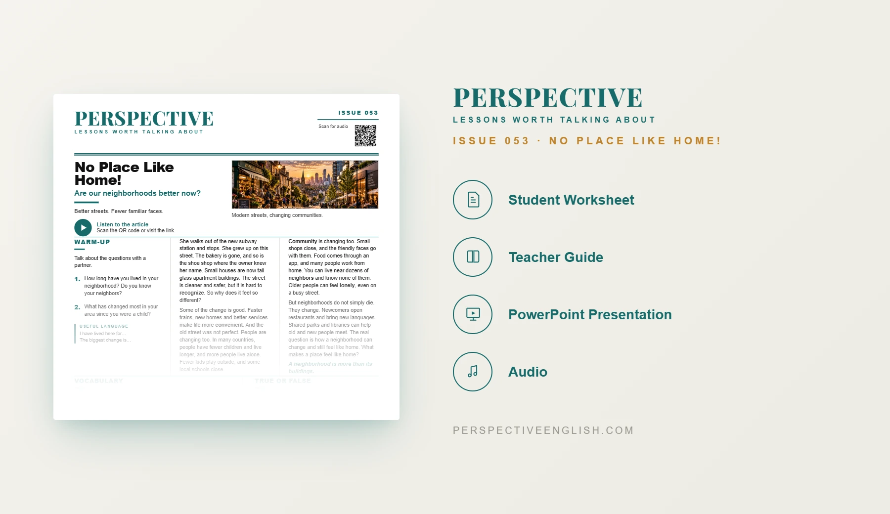 No Place Like Home A1–A2 ESL worksheet preview about changing neighborhoods and community
