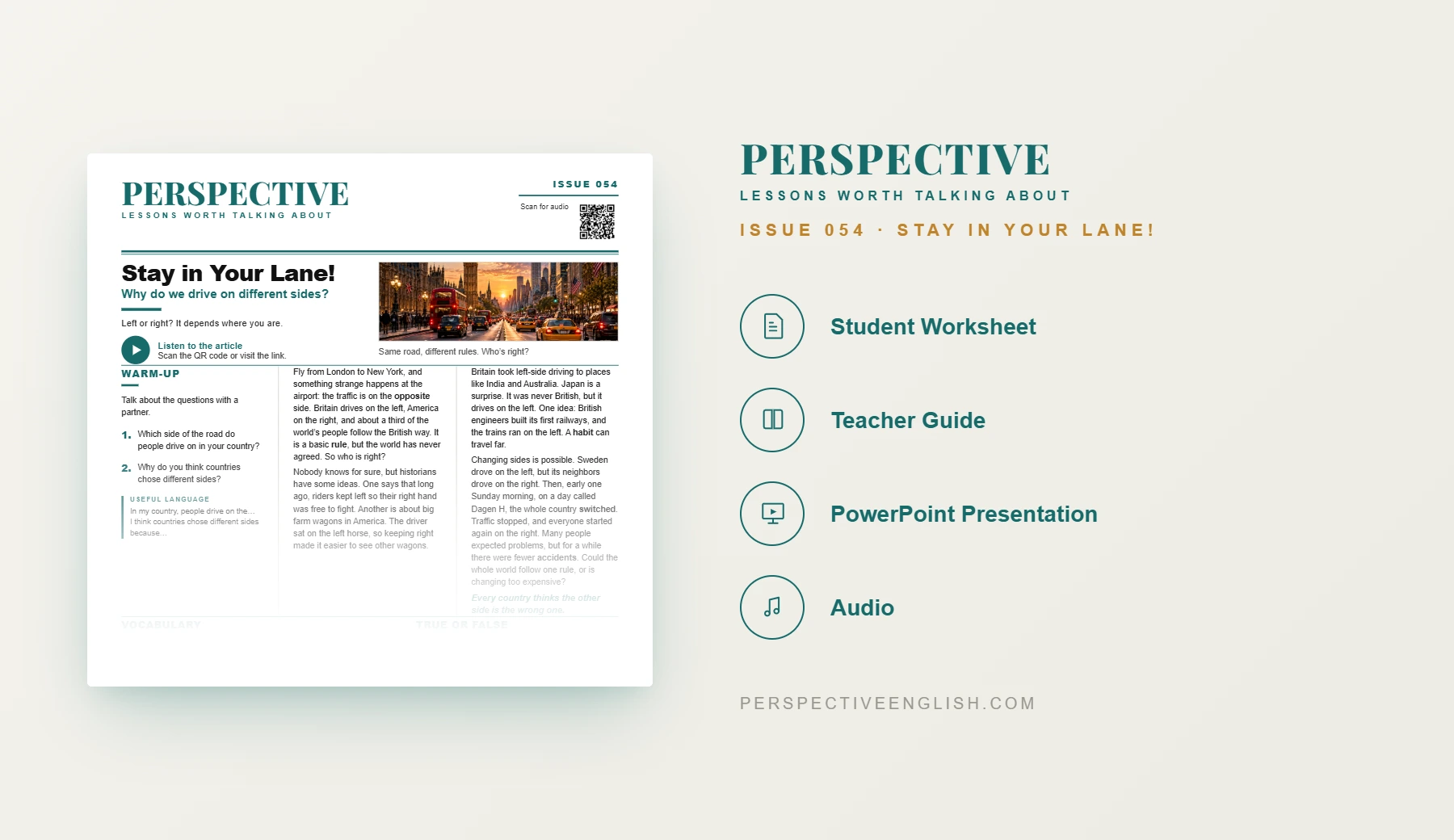 Stay in Your Lane A1–A2 ESL worksheet preview about driving on different sides of the road
