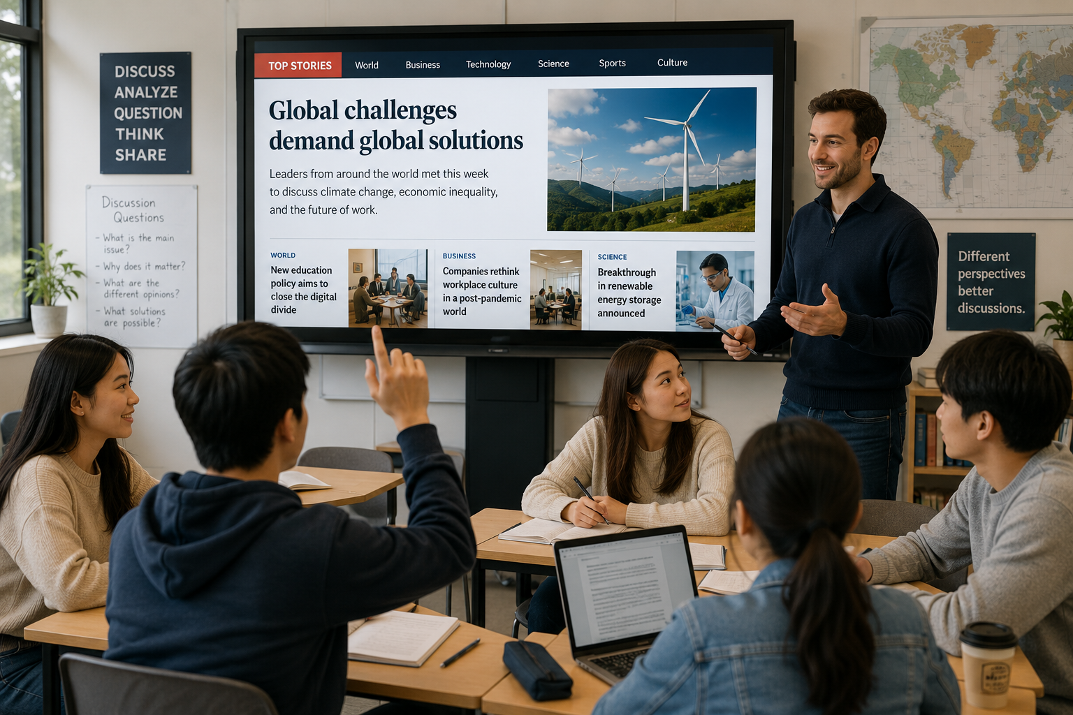 University students discussing international news headlines in an ESL classroom